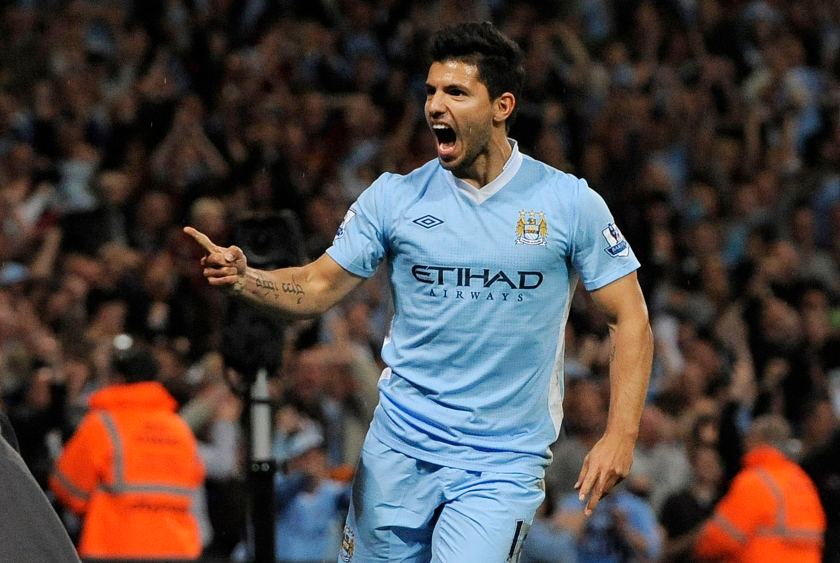 Manchester City's  Sergio Aguero celebrates after scoring during their English Premier League soccer match against Swansea City at the Etihad stadium in Manchester